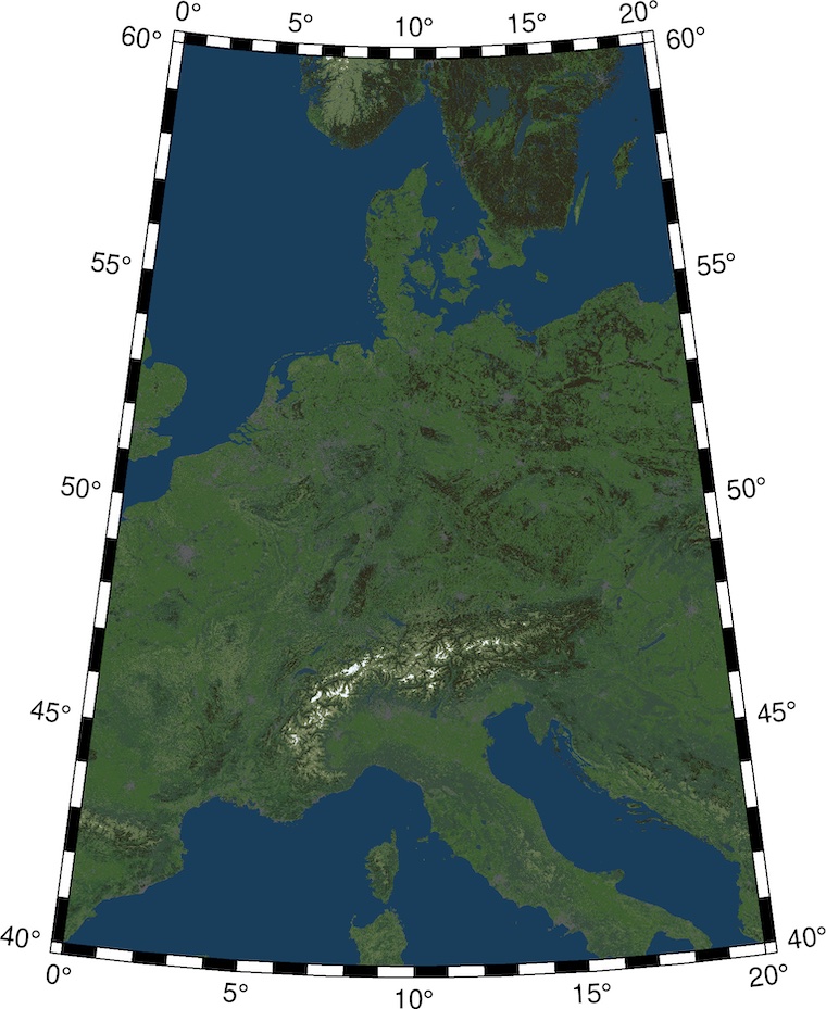 Plot of central Europe with true colors